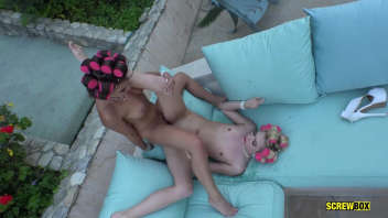 Lesbians make love in pink sneakers - A total look for a hot lesbian scene outdoors by the pool.