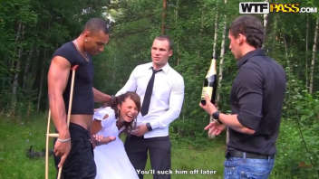 Outdoors and pleasure: A naughty young woman offers herself to several men