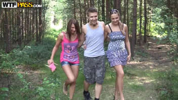 Fucking in the forest: Two women invite a man for a naughty and torrid experience
